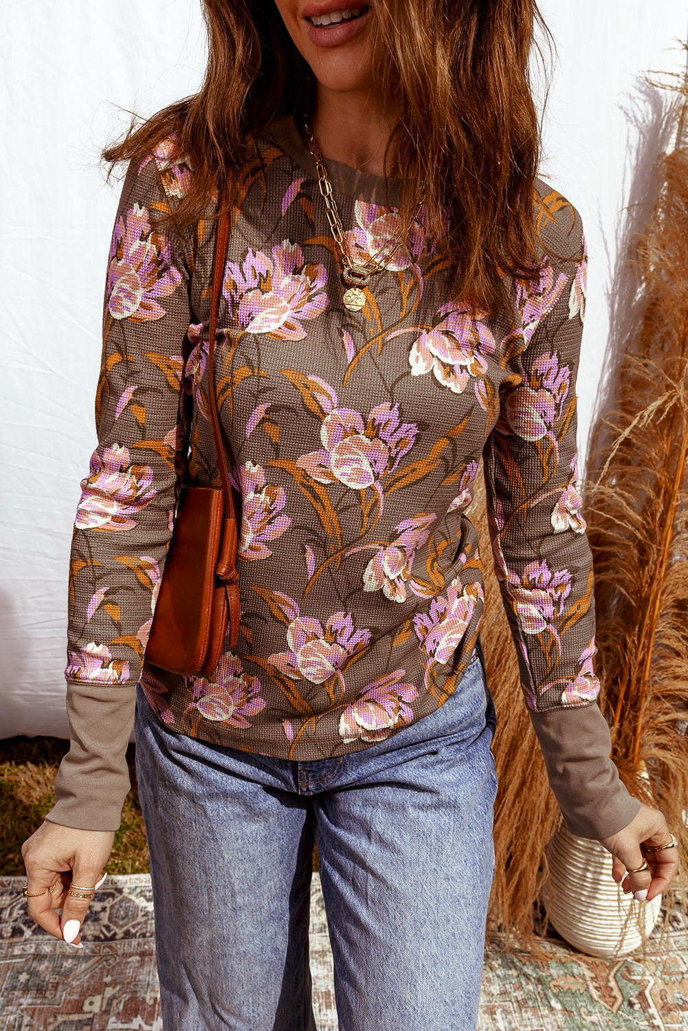 Floral Print Waffle Textured Long Sleeve Top: Brown / S-XL