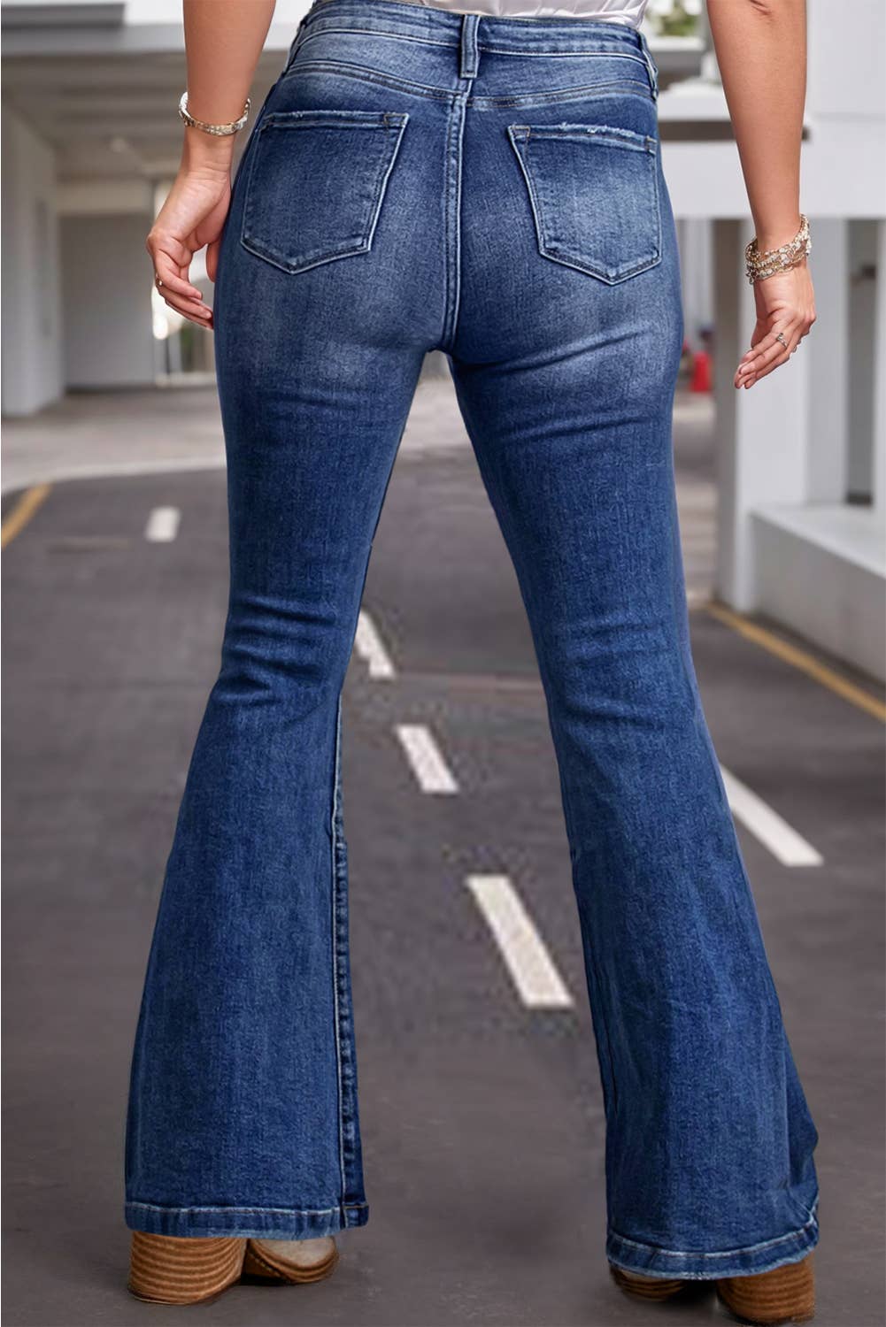 Dark Blue Plus Size Stitching Washed Flare Jeans: Blue / Plus Size / 2X