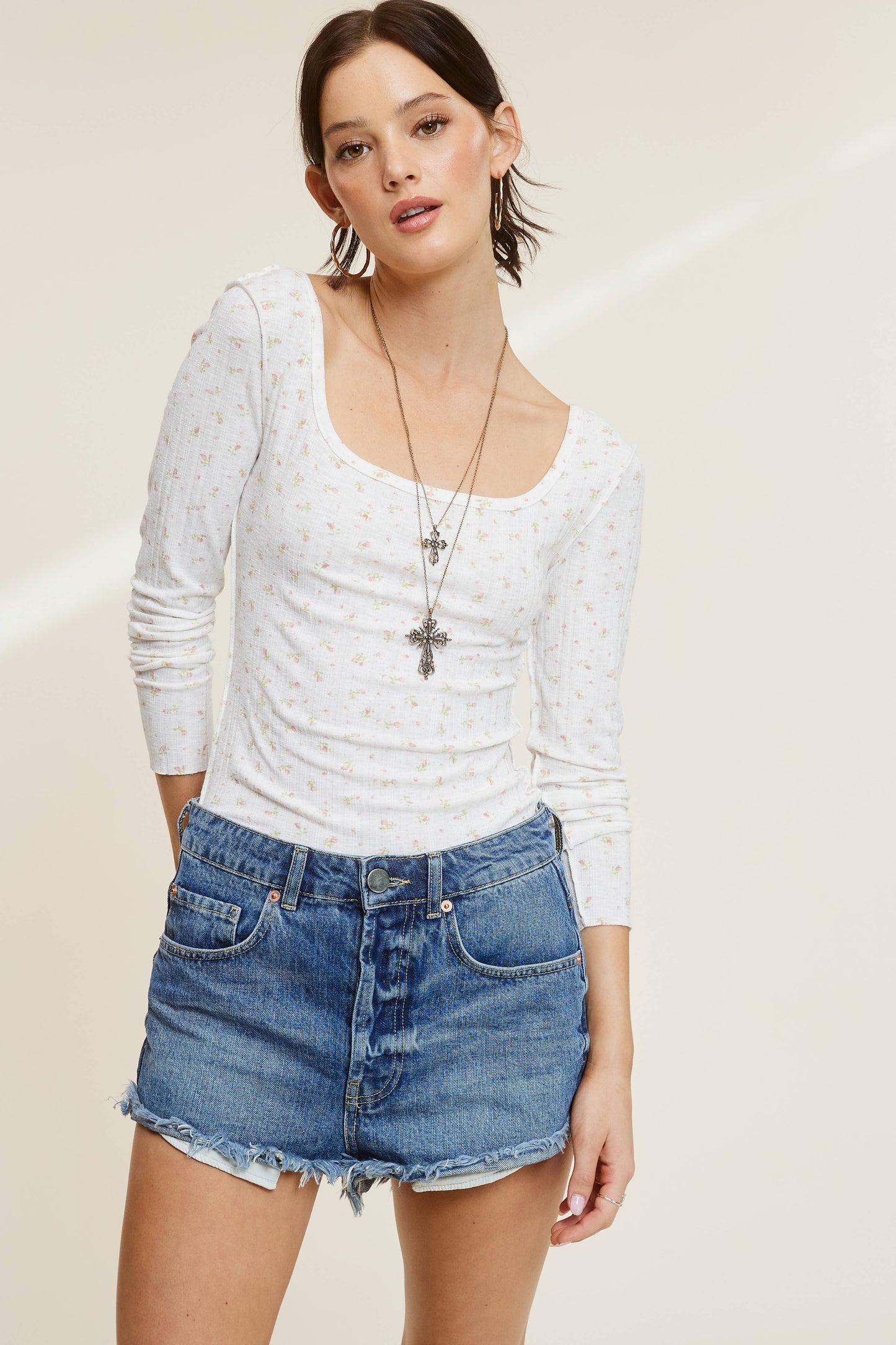 Floral Print Long Sleeve Top: Ivory / L