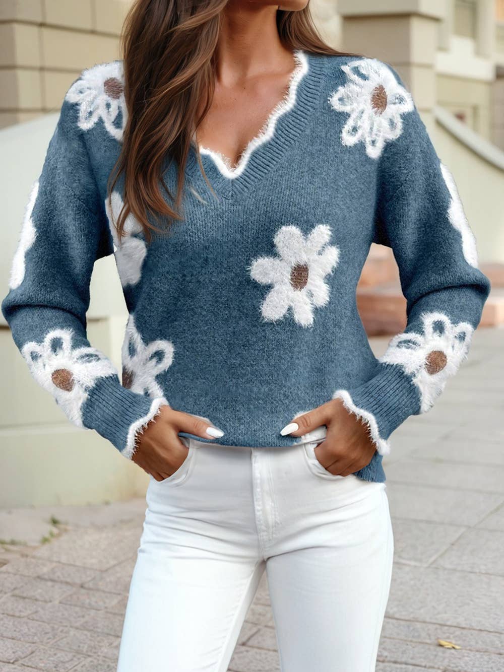 Jacquard Flower V-neck Sweater: Dusk Blue / S-XL