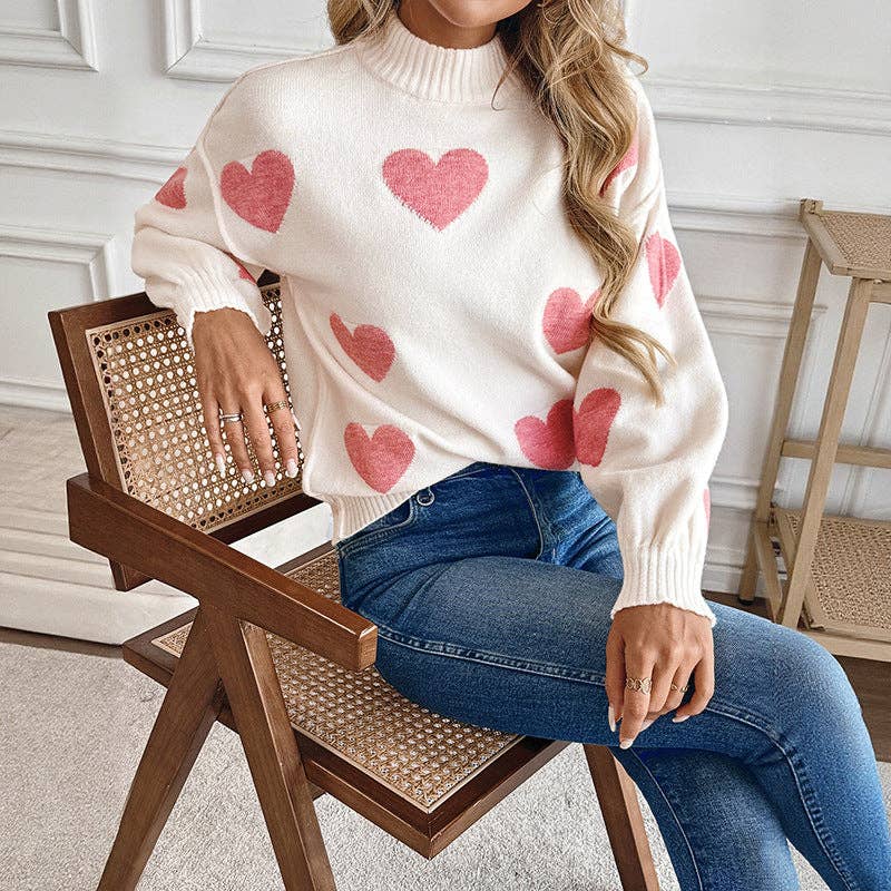 Pink Heart Knit Sweater Half Turtleneck Casual Pullover: Light Pink. / 52% Acrylic 28%polyamide 20%POLYESTER / S-XL