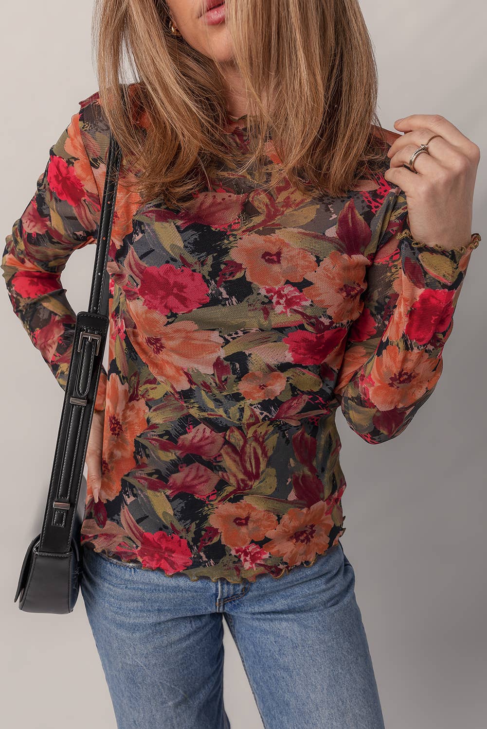 Floral Print Lettuce Trim Long Sleeve Mesh Top: Multi-Colored / S-XL