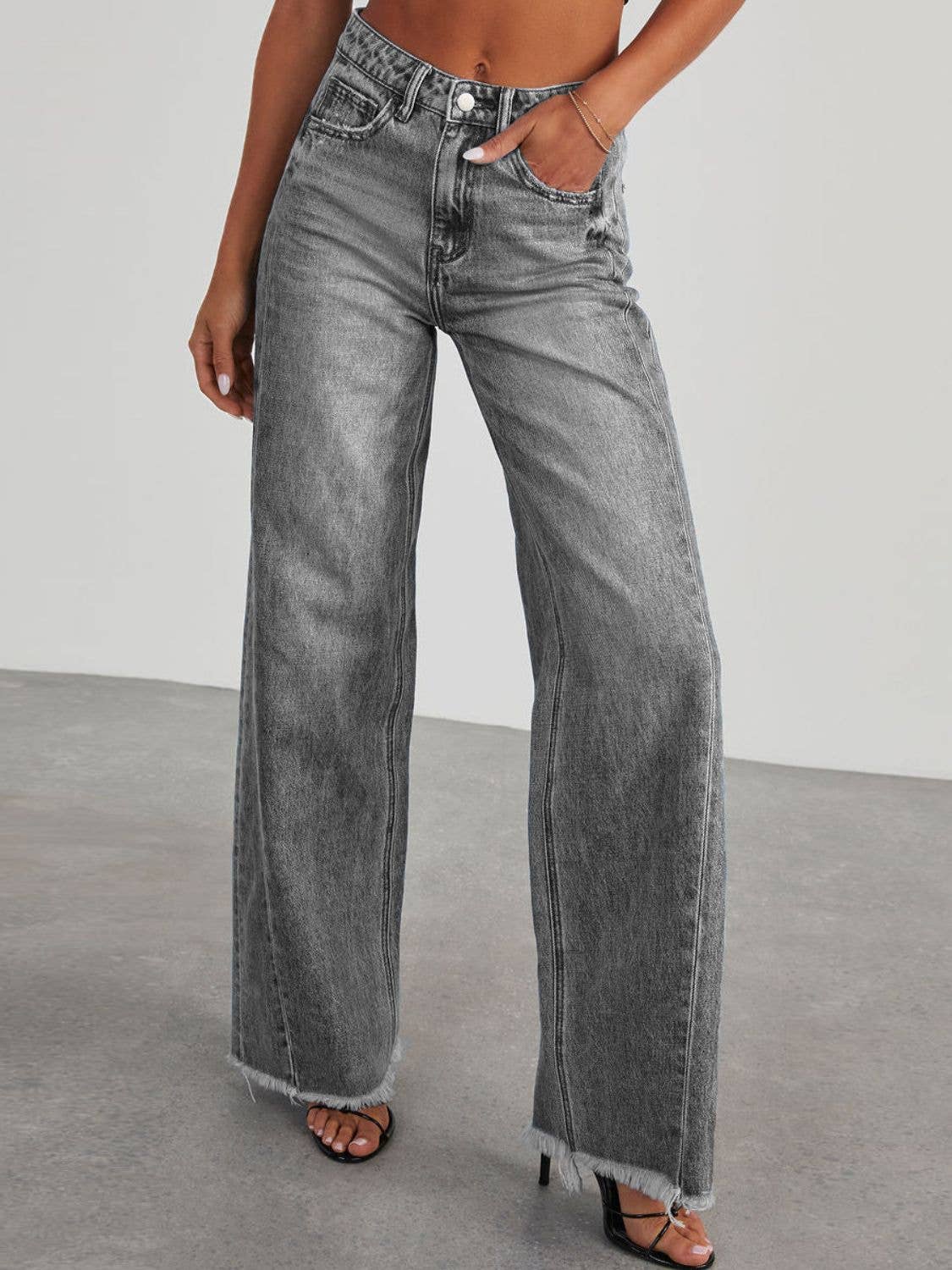 Raw Hem Wide Leg Jeans with Pockets: Dark Gray / 2XL