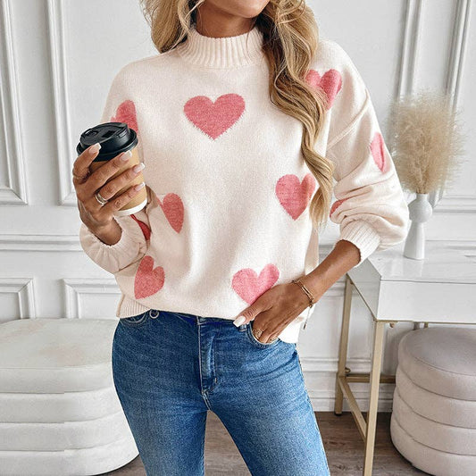 Pink Heart Knit Sweater Half Turtleneck Casual Pullover: Light Pink. / 52% Acrylic 28%polyamide 20%POLYESTER / S-XL