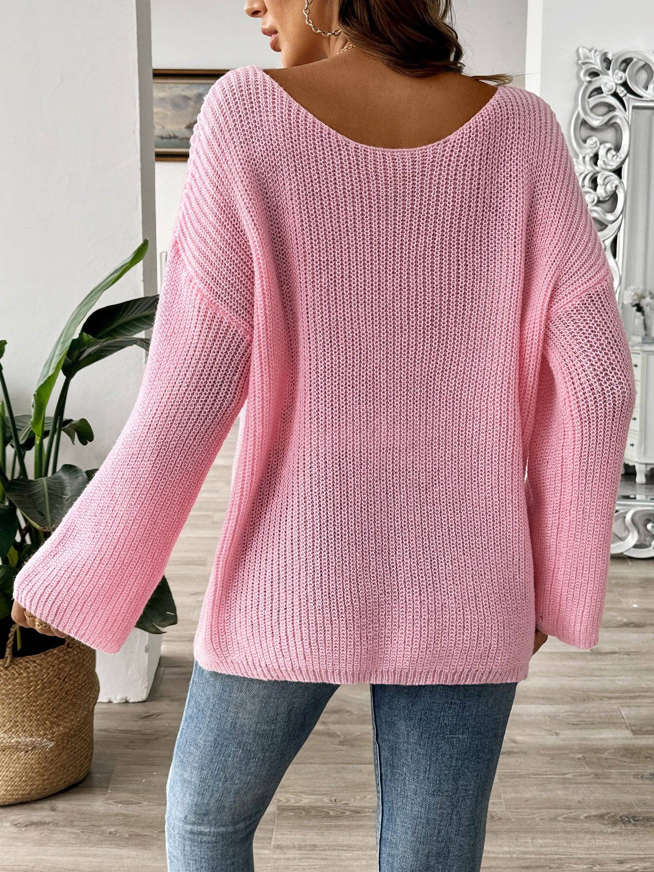 Embroidered Bow Off-Shoulder Bell Sleeve Sweater: Pink / S-XL
