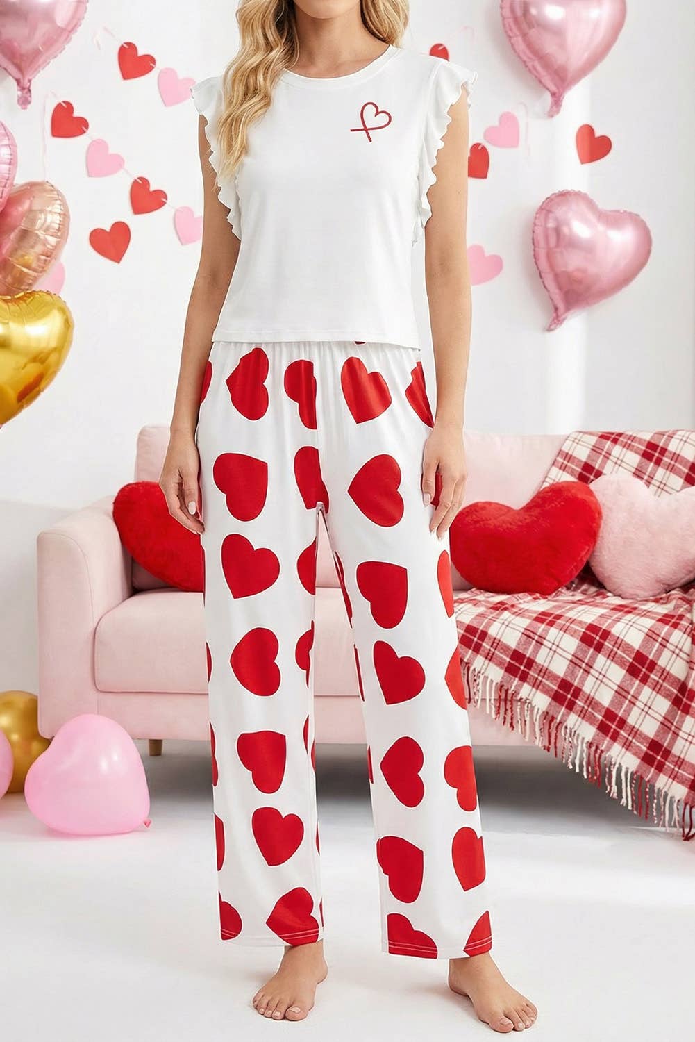 Heart Print Lounge Pants: Pink / S-2XL