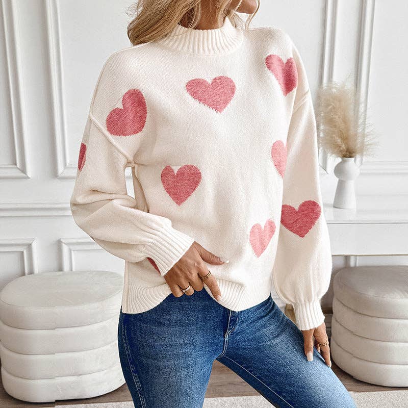 Pink Heart Knit Sweater Half Turtleneck Casual Pullover: Light Pink. / 52% Acrylic 28%polyamide 20%POLYESTER / S-XL