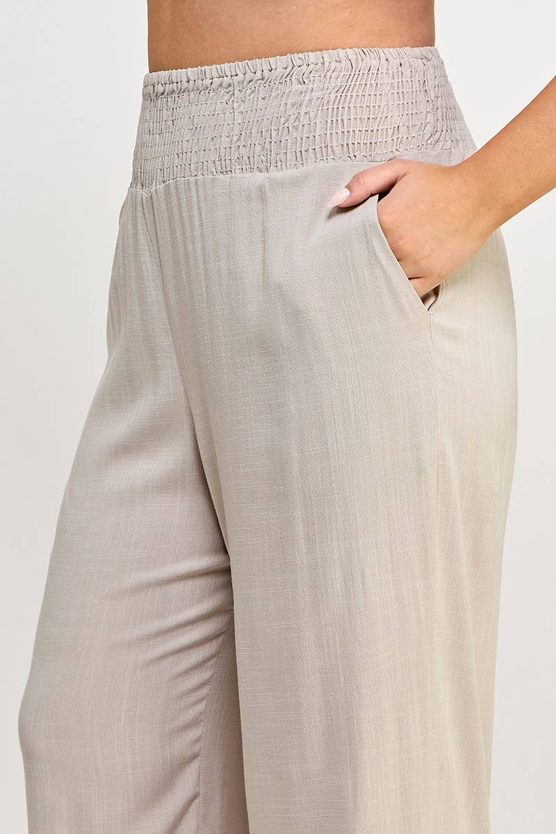 Plus Size Smocked Waist Wide Leg Pant JK18641-P: Natural / Plus Size / 2XL