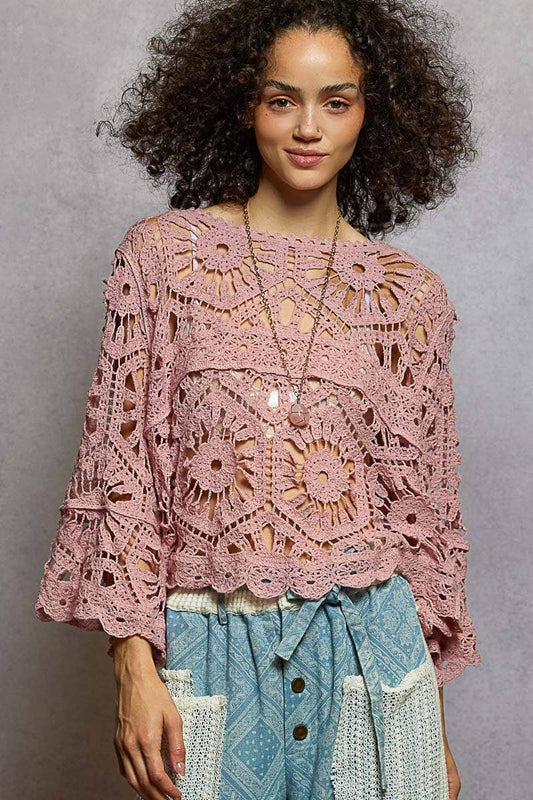 Round Neck 3/4 Sleeve Crochet Cropped Top: Two color: ROSE PINK or white / OS