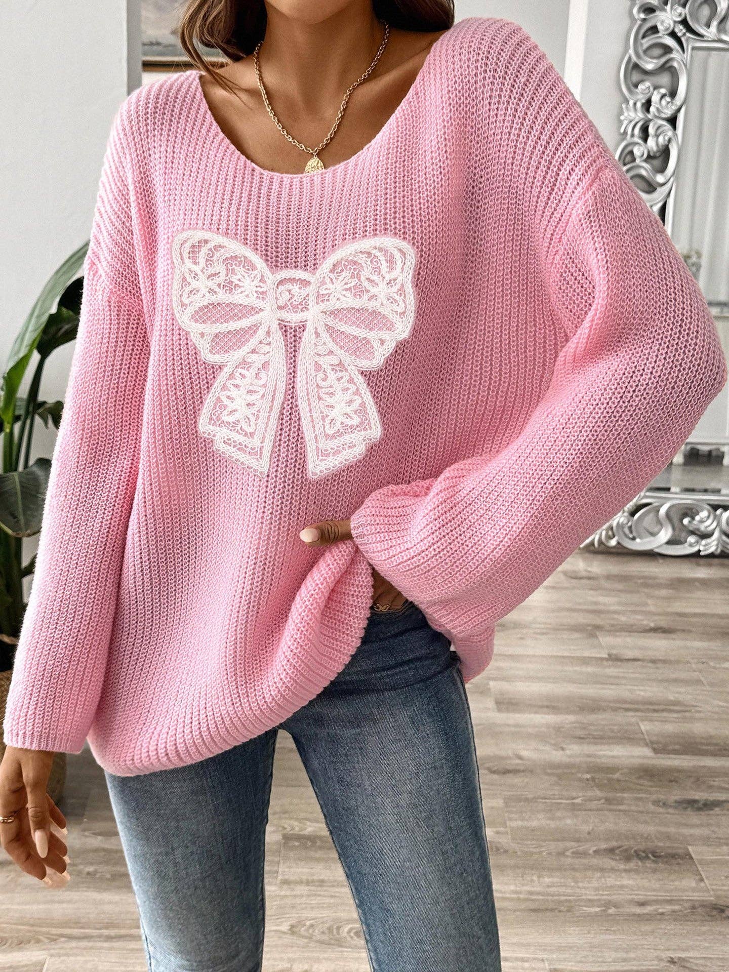 Embroidered Bow Off-Shoulder Bell Sleeve Sweater: Pink / S-XL
